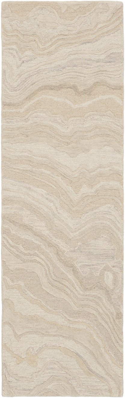 Beige abstract wave-patterned rug runner with soft textured shag and cream-tan tones.