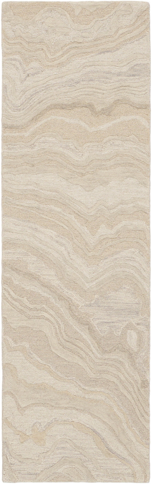 Beige abstract wave-patterned rug runner with soft textured shag and cream-tan tones.