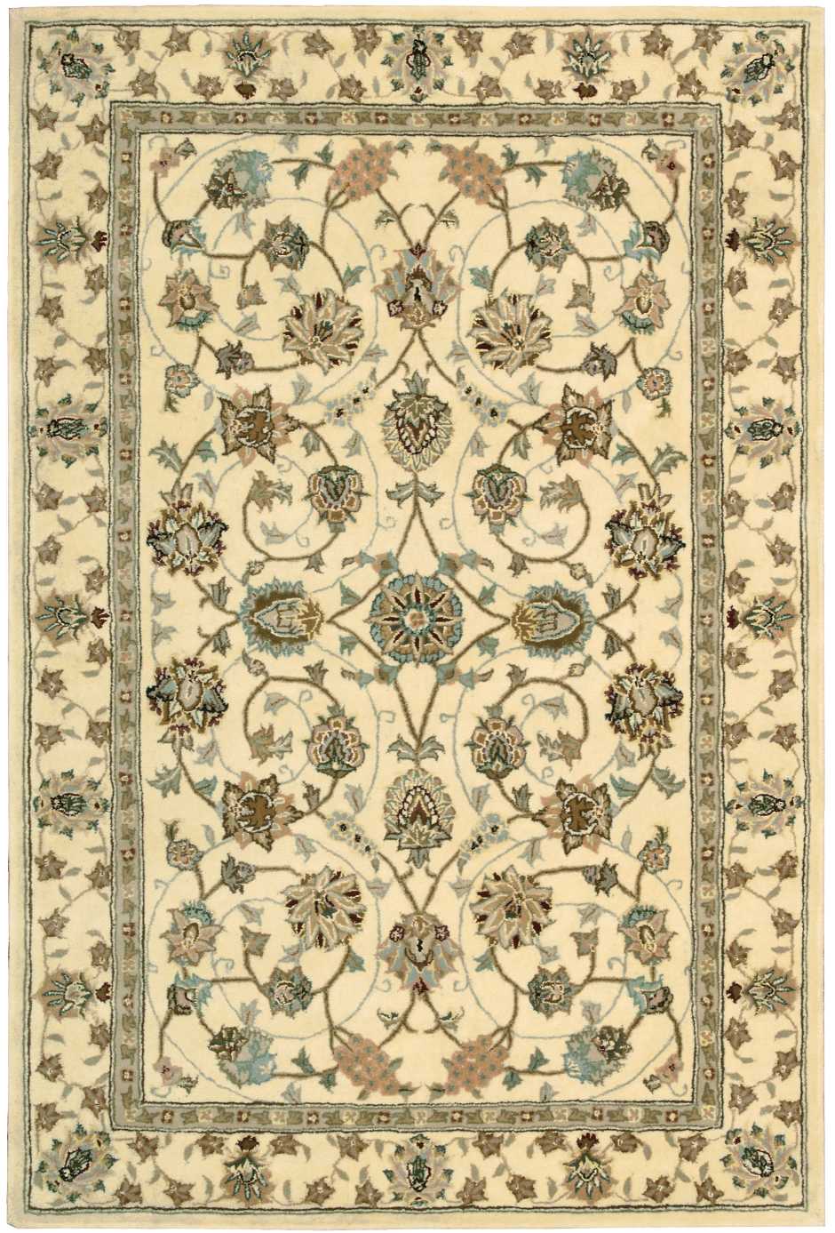Ornate cream rug with blue-teal floral vines, central medallion, and Persian-inspired decorative borders.