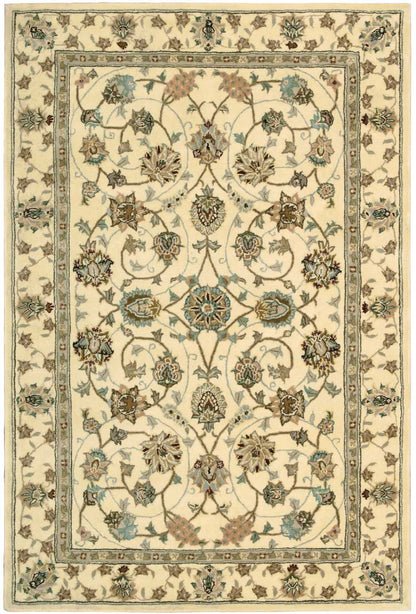 Ornate cream rug with blue-teal floral vines, central medallion, and Persian-inspired decorative borders.