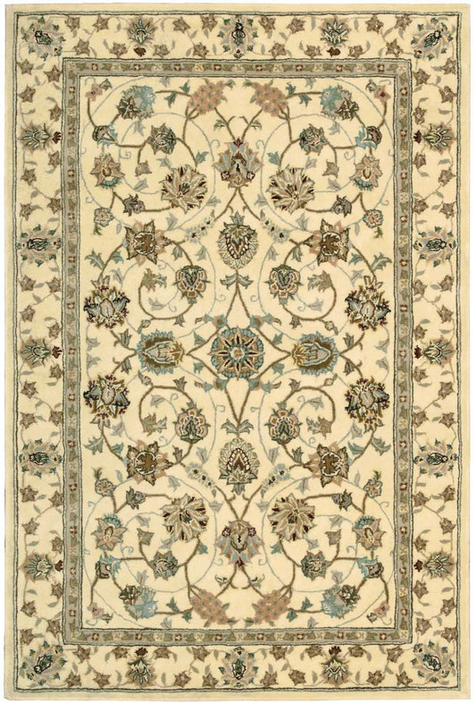 Ornate cream rug with blue-teal floral vines, central medallion, and Persian-inspired decorative borders.