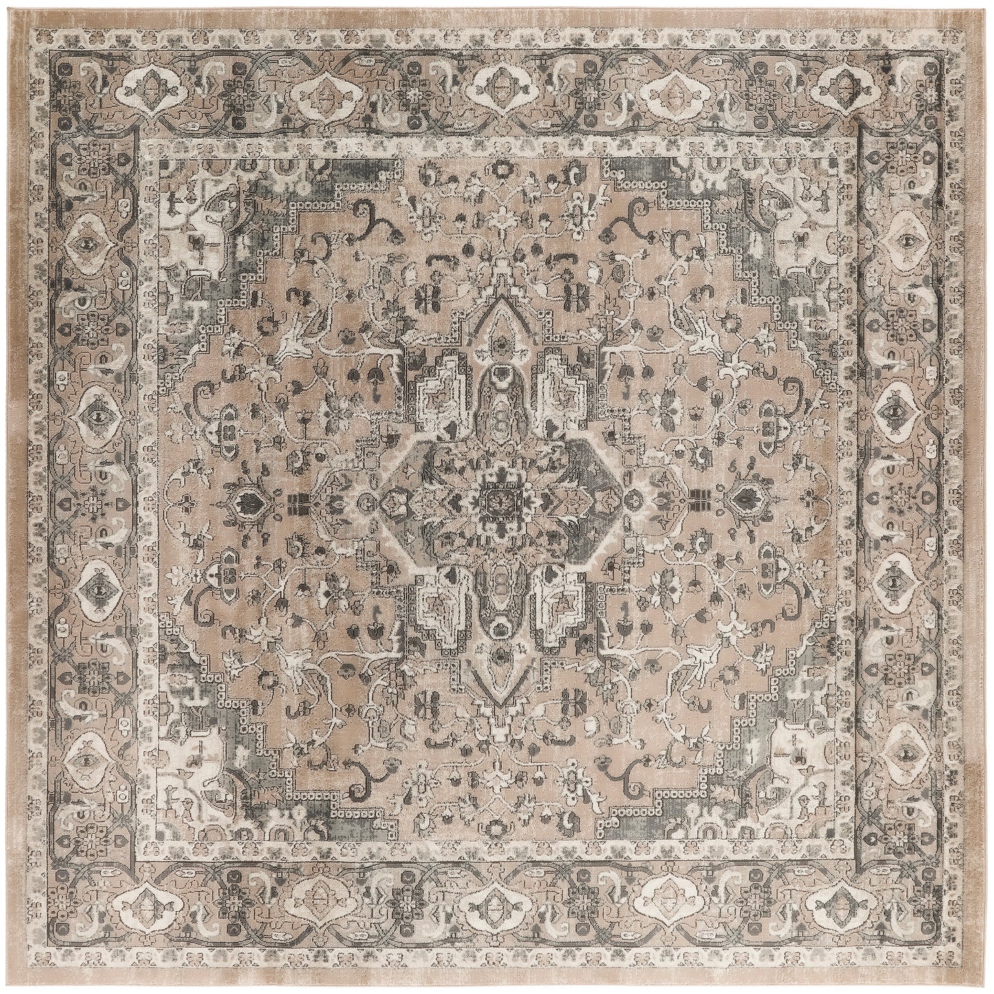 Beige-toned oriental rug with central medallion, intricate floral motifs, and layered borders in vintage Persian style.