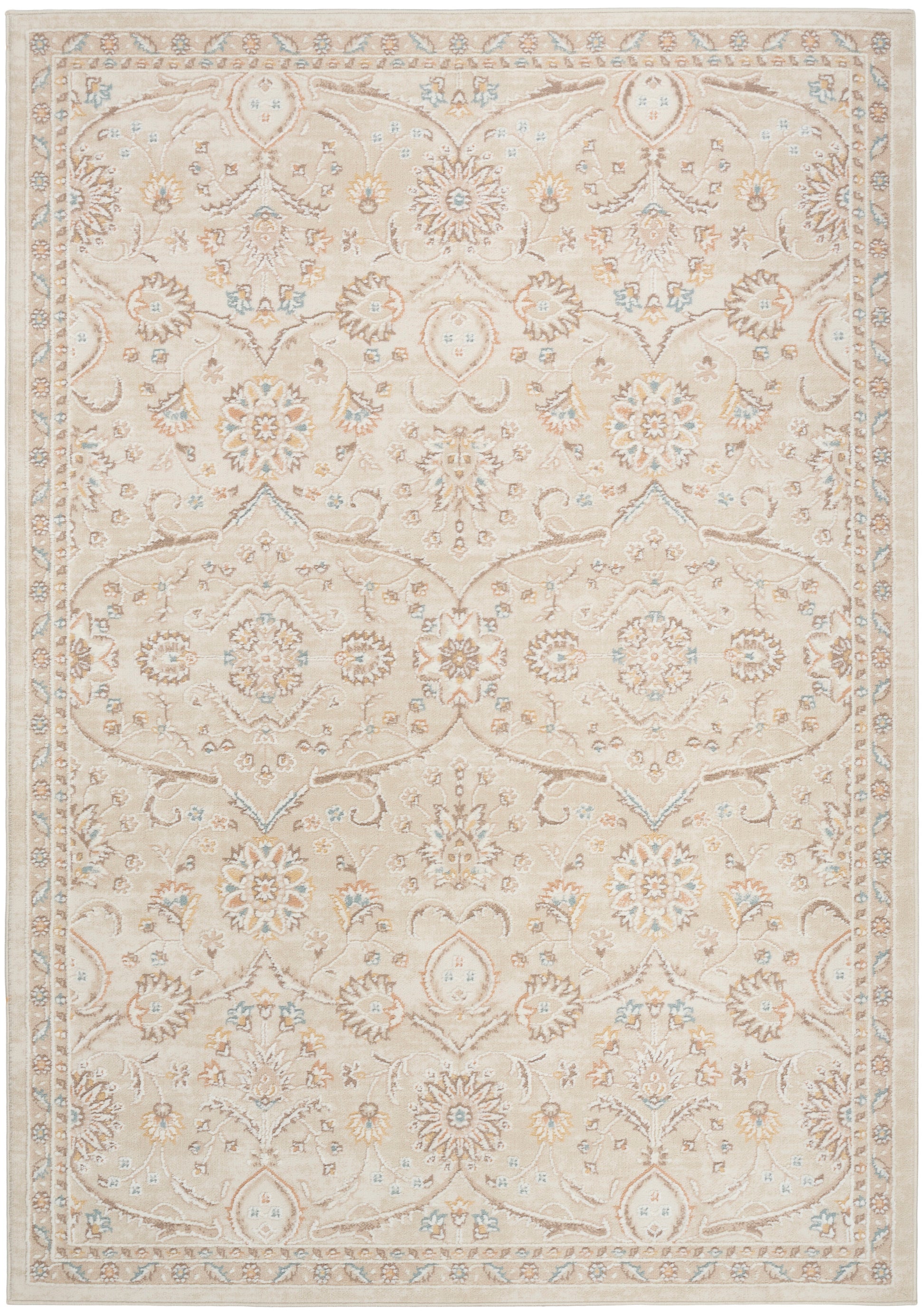 Beige traditional oriental rug with pale blue and tan floral motifs and decorative border.
