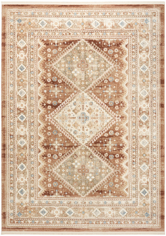 Beige-brown Persian-inspired area rug with diamond medallions, cream tones and blue accents, ornate border.
