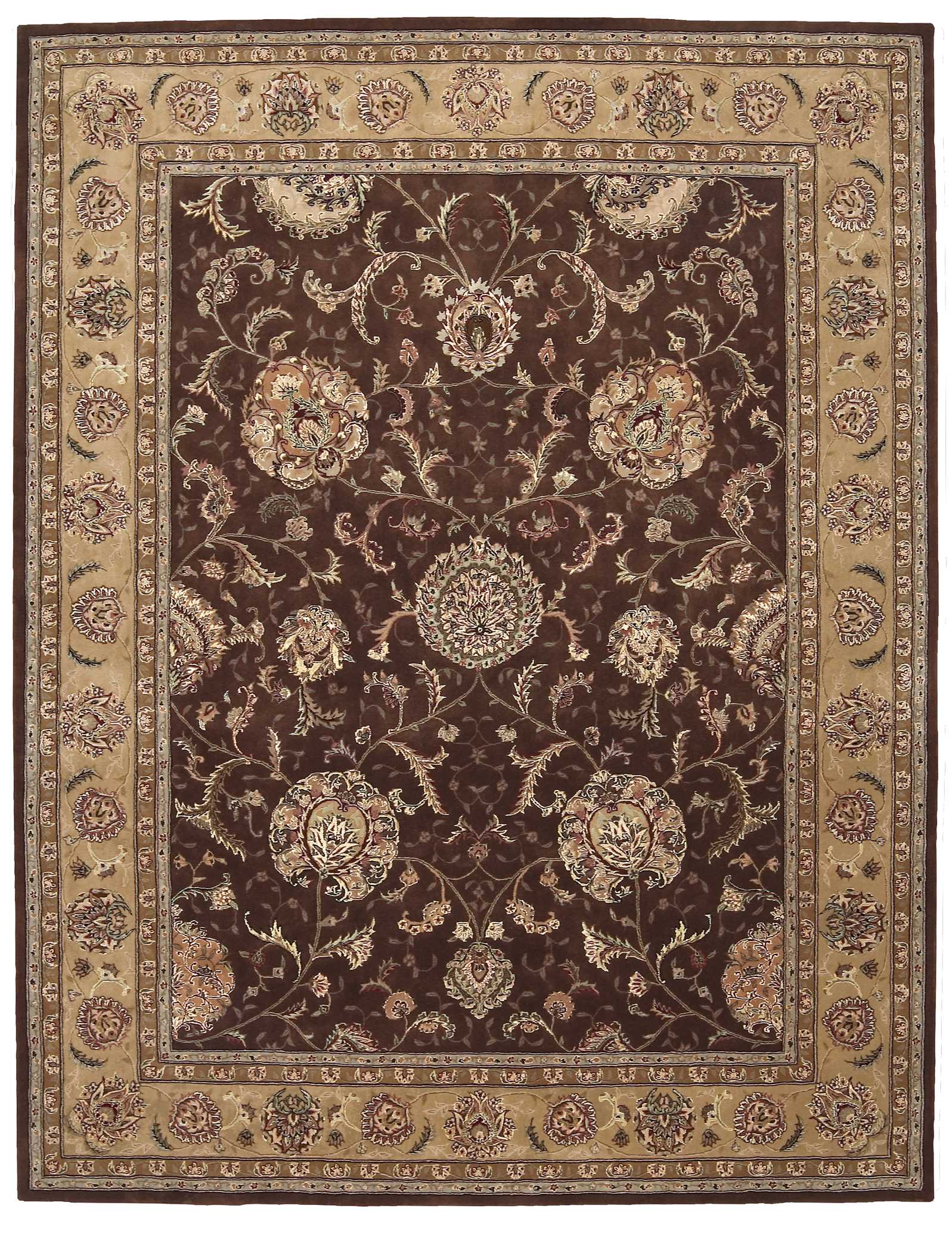 Persian-style oriental rug with dark brown field, ivory and gold floral motifs, beige-gold border; decorative floor covering.