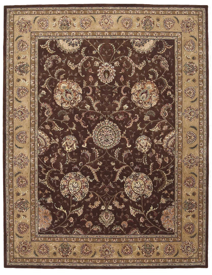 Persian-style oriental rug with dark brown field, ivory and gold floral motifs, beige-gold border; decorative floor covering.