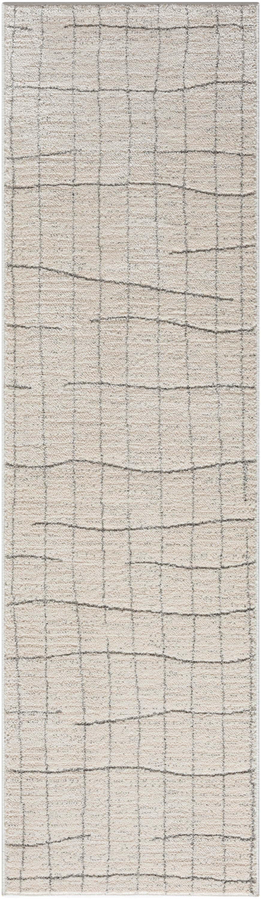 Beige woven rug with subtle gray grid lines, soft textured fabric, long narrow runner.