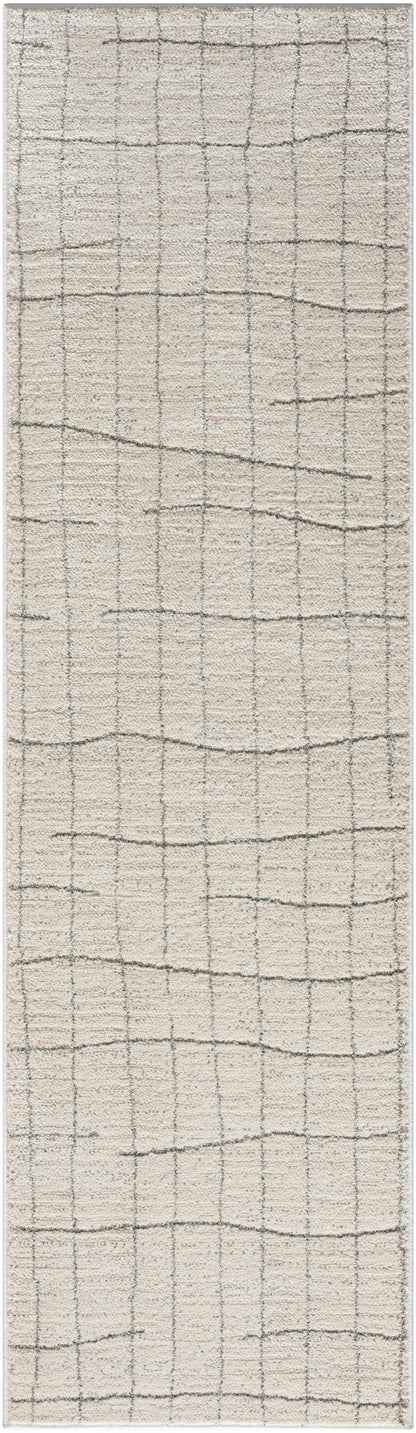 Beige woven rug with subtle gray grid lines, soft textured fabric, long narrow runner.