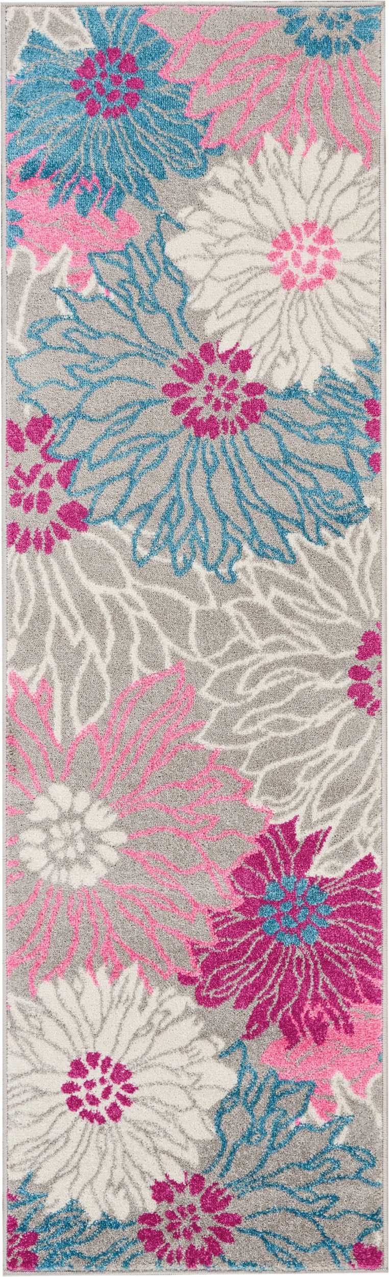 6' runner rug featuring oversized blue & pink & white florals on light gray; modern, tufted shag style.