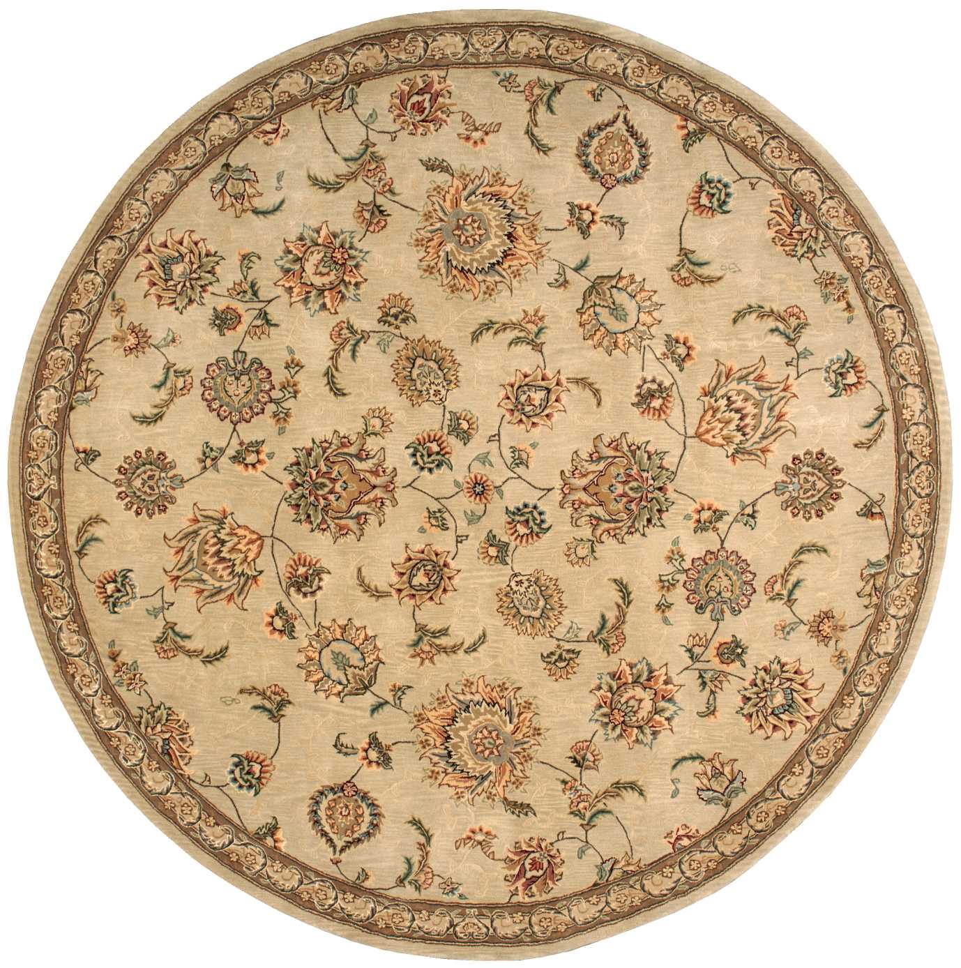 Round beige rug with intricate multicolor floral pattern and decorative border; traditional oriental style.