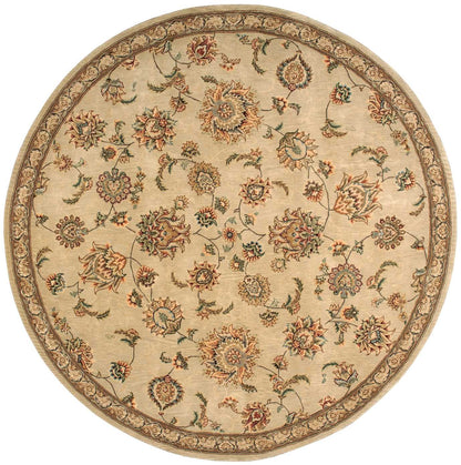 Round beige rug with intricate multicolor floral pattern and decorative border; traditional oriental style.