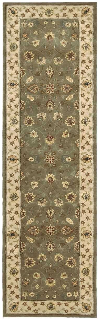 Traditional Persian-style runner rug with a gray-green field, ivory border, and multicolor floral motifs.
