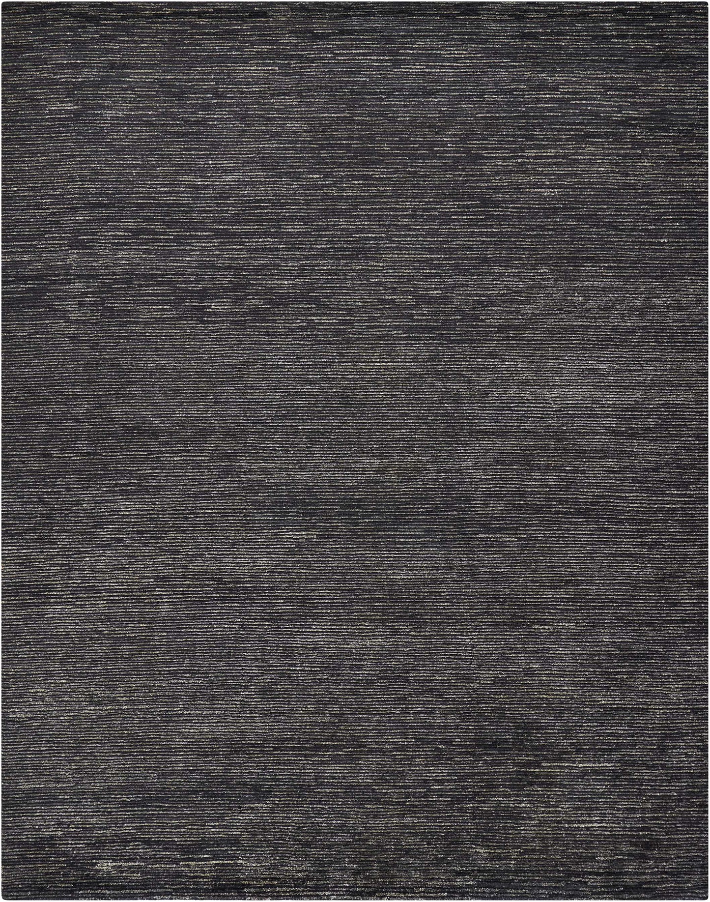 Charcoal gray woven rug with subtle horizontal stripe texture, a modern floor decor piece.