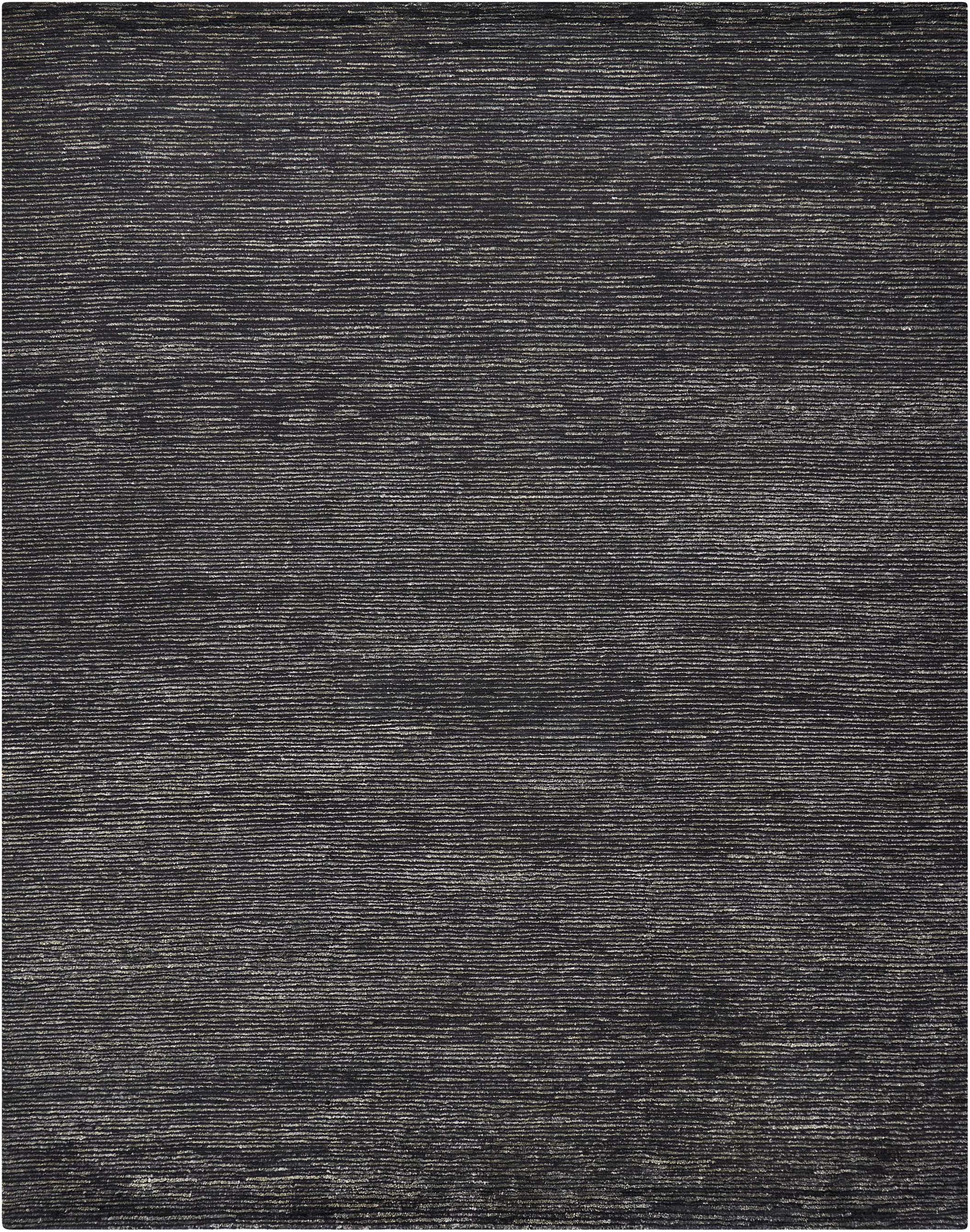 Charcoal gray woven rug with subtle horizontal stripe texture, a modern floor decor piece.