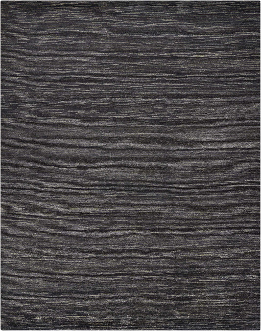 Charcoal gray woven rug with subtle horizontal stripe texture, a modern floor decor piece.