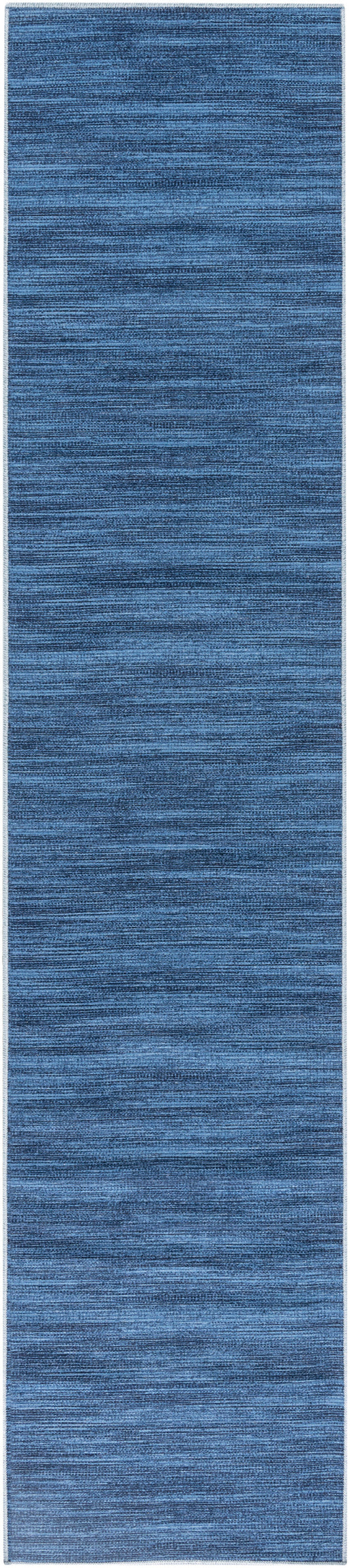Denim blue textured runner rug with subtle horizontal striations and light border.