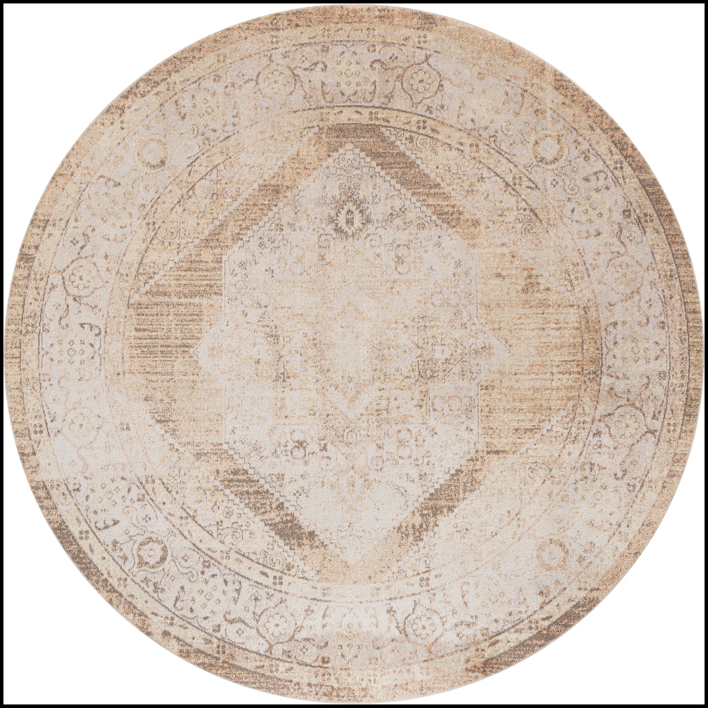 Round distressed beige rug with a faded oriental medallion pattern in ivory and taupe tones.