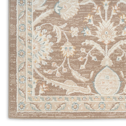 Brown oriental-style area rug with ivory cream and pale blue floral motifs and decorative border.