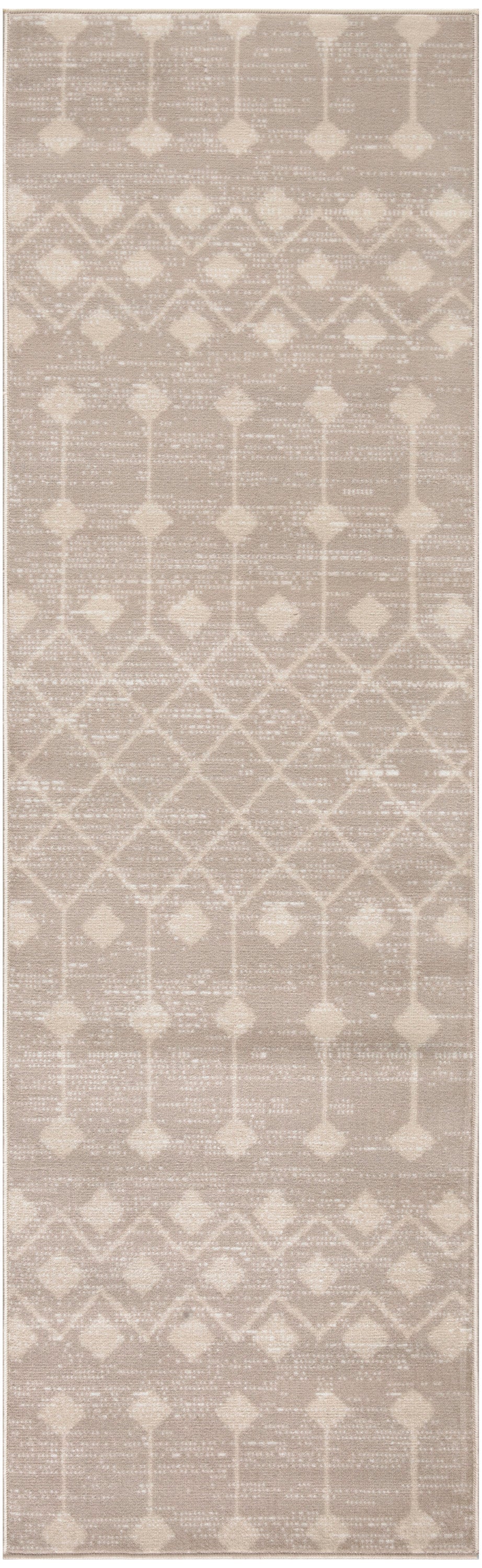 Neutral beige runner rug with ivory geometric diamond lattice and medallion pattern, soft woven texture.