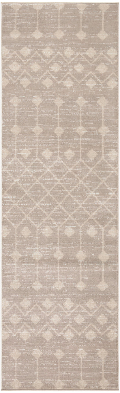 Neutral beige runner rug with ivory geometric diamond lattice and medallion pattern, soft woven texture.