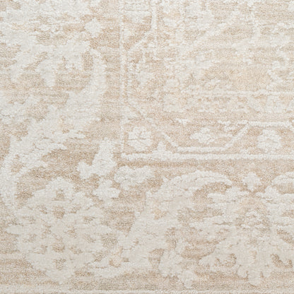 Beige and cream distressed oriental rug with floral medallion pattern and subtle border.