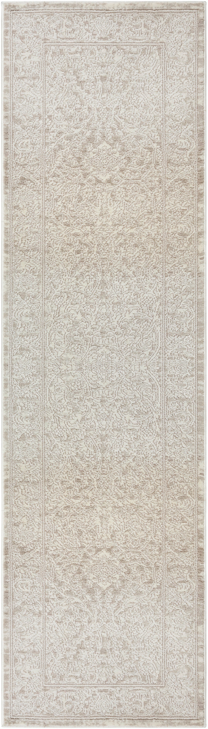 Cream beige Persian-style runner rug with ornate border and subtle pattern; soft, hallway-friendly decor.