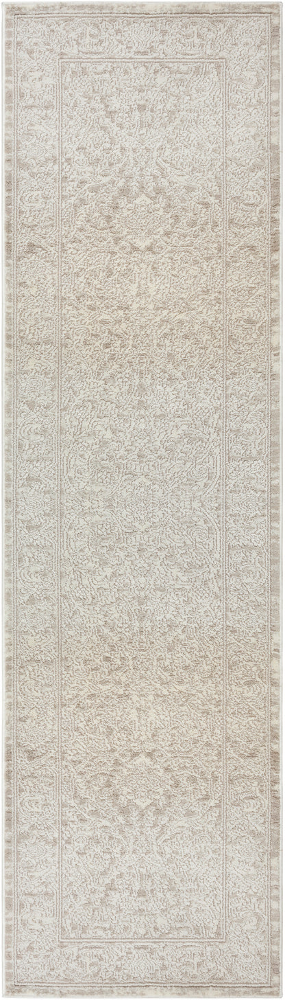 Cream beige Persian-style runner rug with ornate border and subtle pattern; soft, hallway-friendly decor.