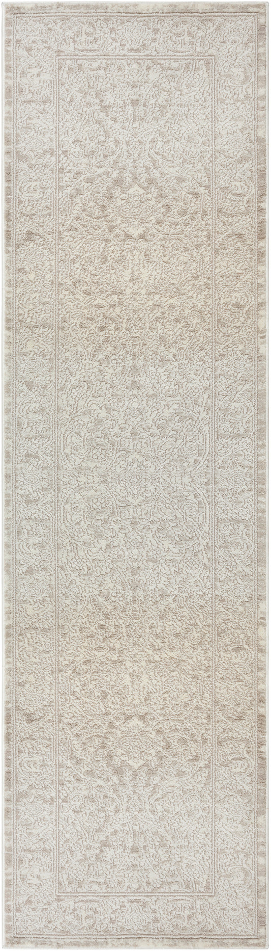 Cream beige Persian-style runner rug with ornate border and subtle pattern; soft, hallway-friendly decor.