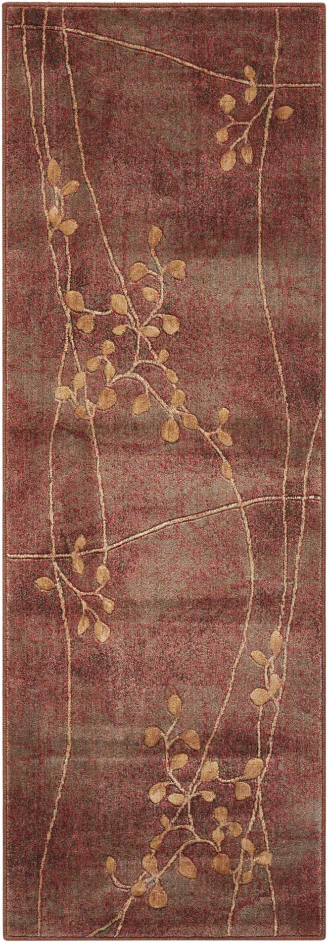 Maroon rug with tan-gold botanical vines and curved lines for warm decor.