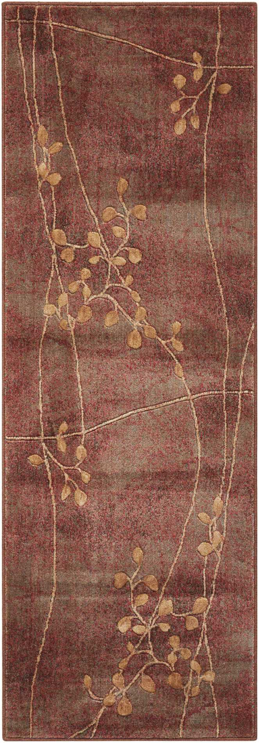 Maroon rug with tan-gold botanical vines and curved lines for warm decor.