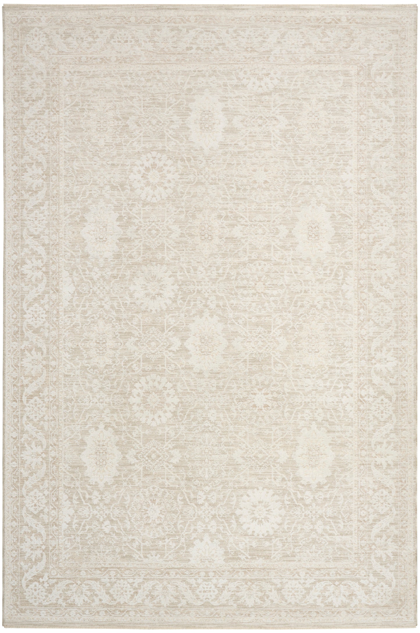 Cream-toned rug with a subtle antique floral medallion pattern and ornate border; rectangular, soft texture.