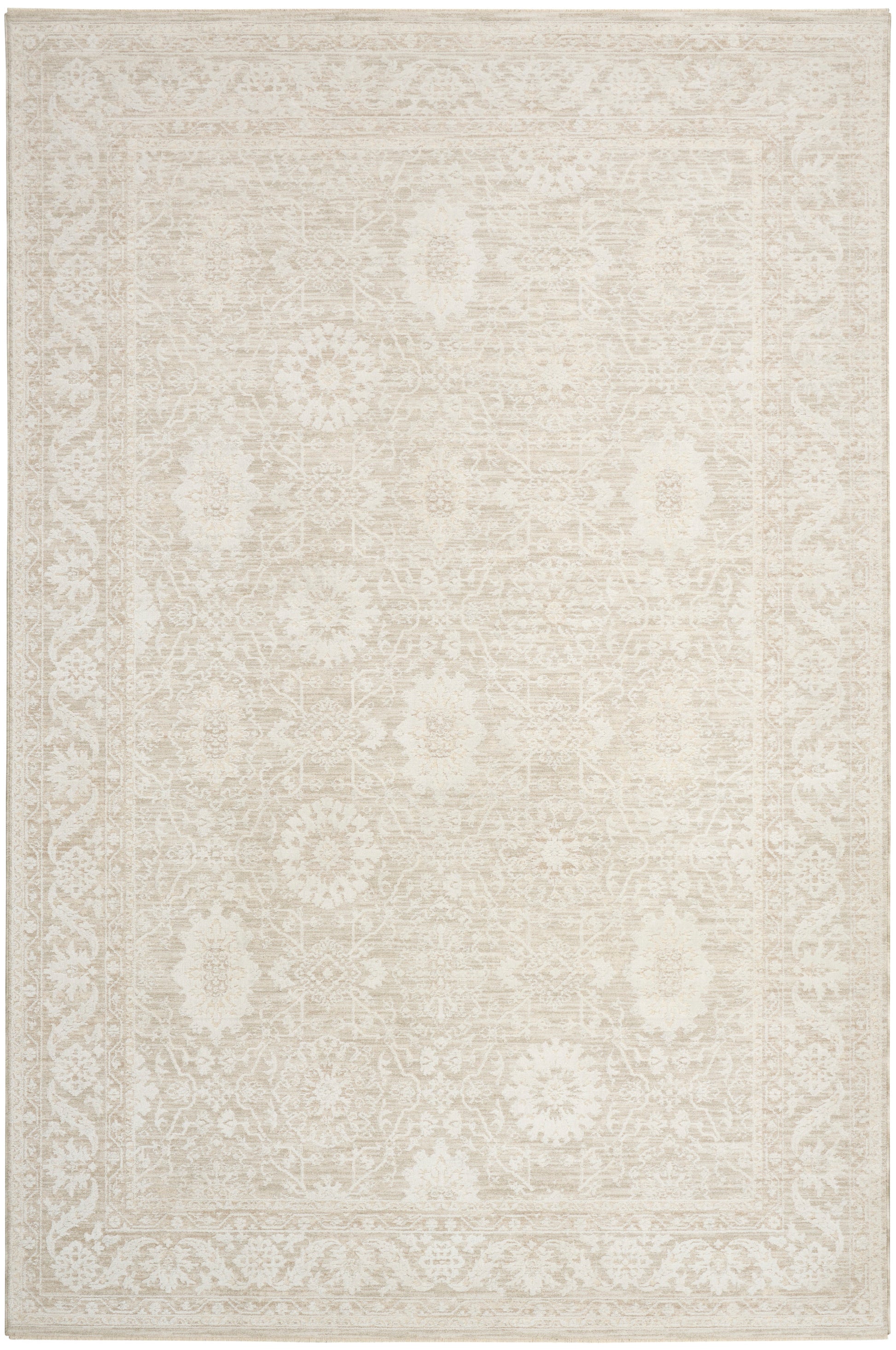 Cream-toned rug with a subtle antique floral medallion pattern and ornate border; rectangular, soft texture.