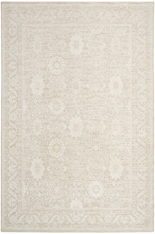 Cream-toned rug with a subtle antique floral medallion pattern and ornate border; rectangular, soft texture.