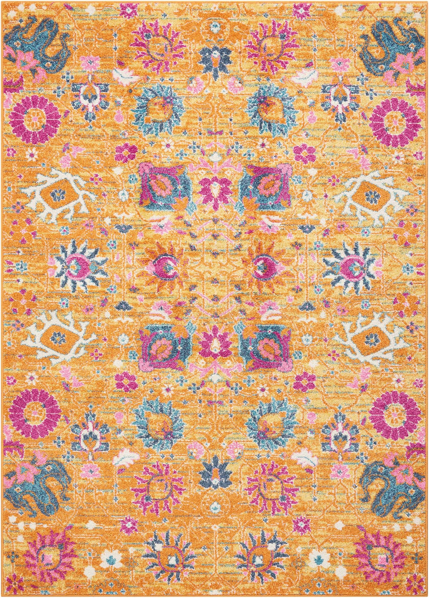 Orange distressed floral area rug with pink, turquoise and purple medallions; boho chic living room accent.
