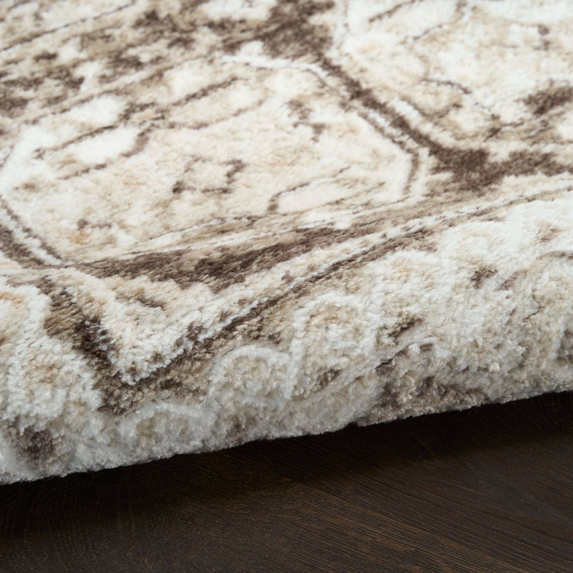 Cream beige shag rug with brown geometric oriental border on dark wood floor