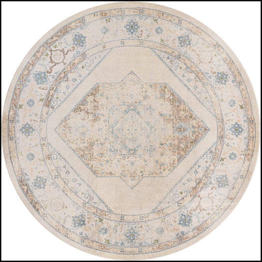 Round vintage rug in cream with a distressed blue floral border and central diamond medallion.