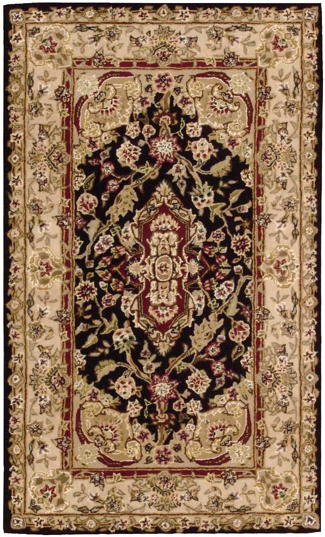 Persian-style rug with black central field, ivory border, and burgundy-gold floral medallion; ornate oriental design.