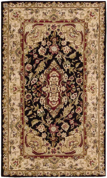 Persian-style rug with black central field, ivory border, and burgundy-gold floral medallion; ornate oriental design.