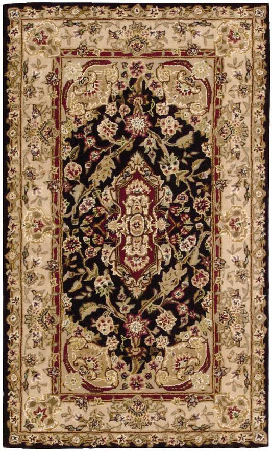 Persian-style rug with black central field, ivory border, and burgundy-gold floral medallion; ornate oriental design.