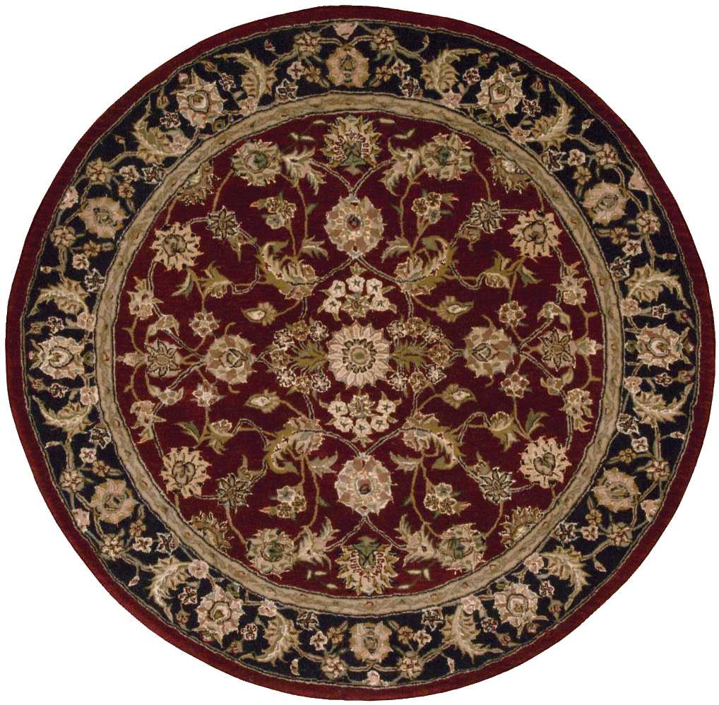 Round burgundy oriental rug, 4 ft diameter, with cream-gold floral pattern and a dark ornate border.