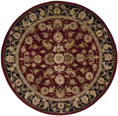 Round burgundy oriental rug, 4 ft diameter, with cream-gold floral pattern and a dark ornate border.