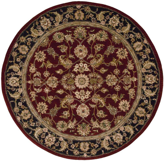Round burgundy oriental rug, 4 ft diameter, with cream-gold floral pattern and a dark ornate border.