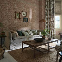 Morris and Co Mays Coverlet fabric Twining Vine, embroidered linen blend fabric with detailed vine pattern, designer fabric for curtains, drapery, shades, and pillows, ideal for cottage, farmhouse, and classic interiors.