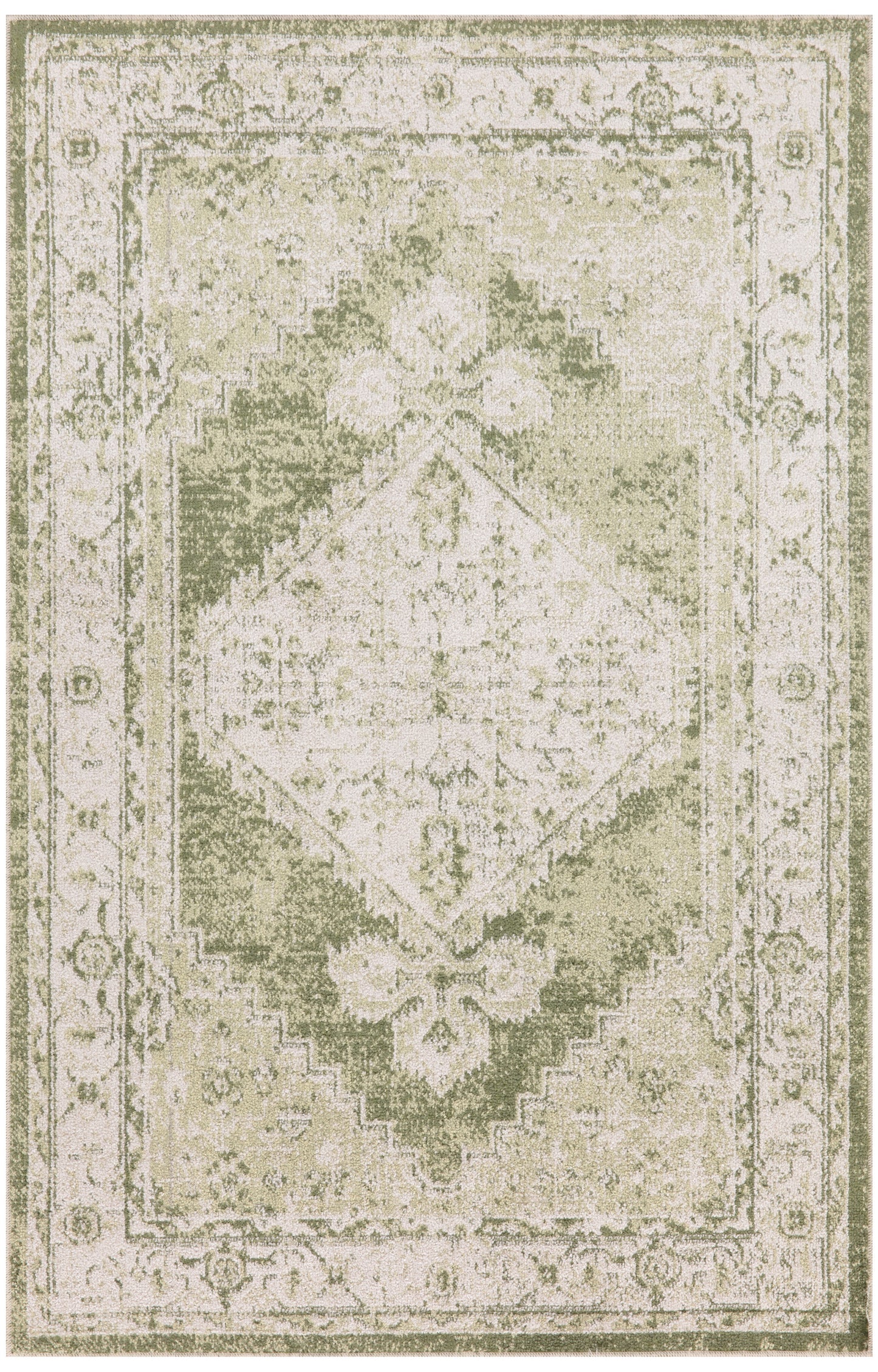 Cream and sage green distressed oriental rug with a central diamond medallion and ornate floral borders.