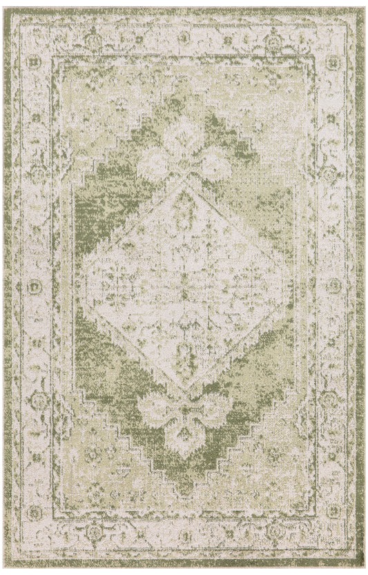 Cream and sage green distressed oriental rug with a central diamond medallion and ornate floral borders.