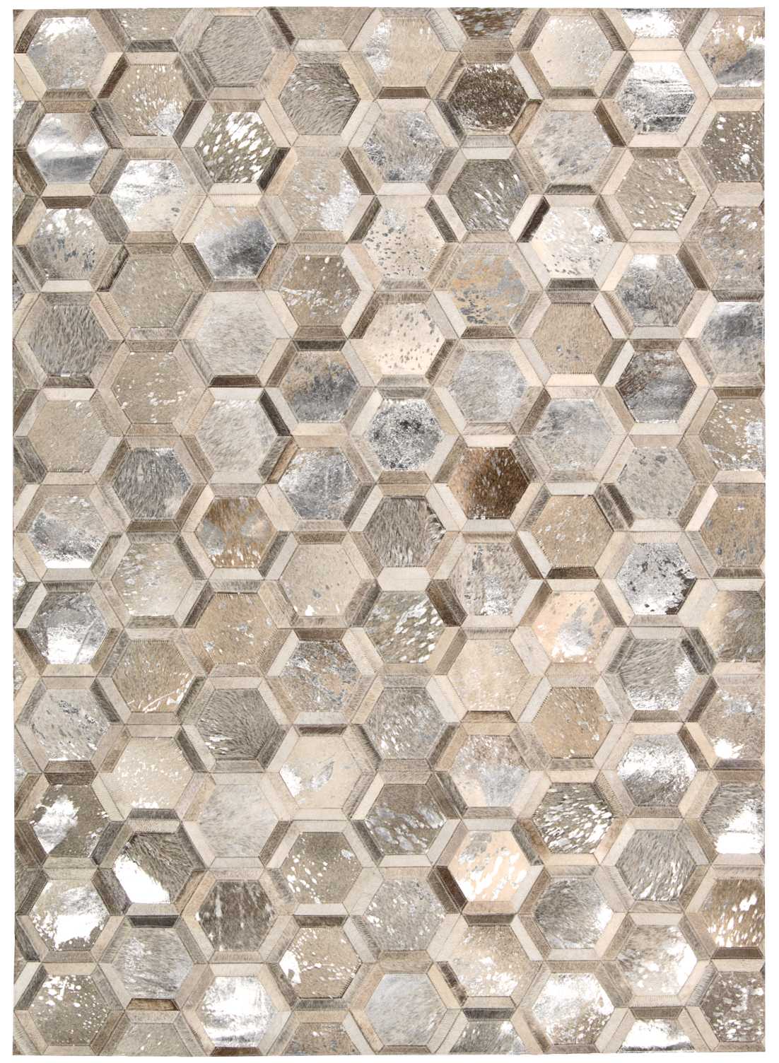Modern area rug with hexagonal mosaic pattern in metallic silver, gray & beige; 5' x 8'.