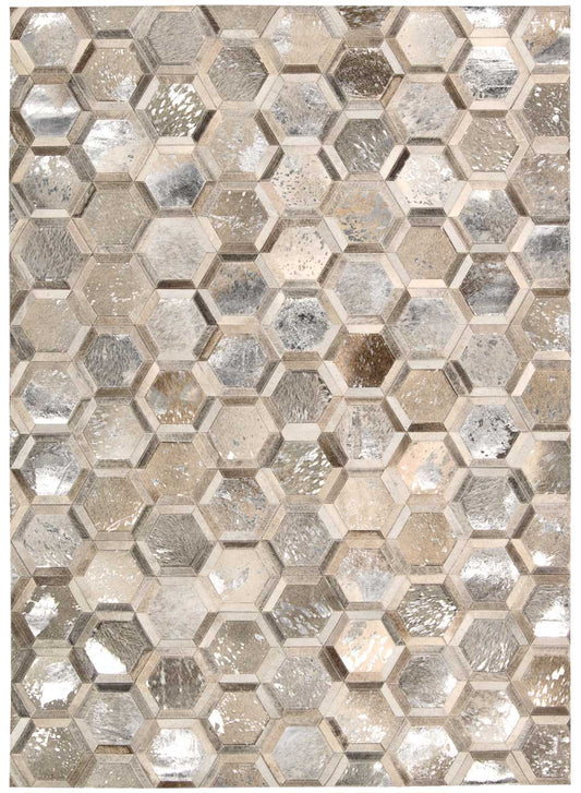 Modern area rug with hexagonal mosaic pattern in metallic silver, gray & beige; 5' x 8'.