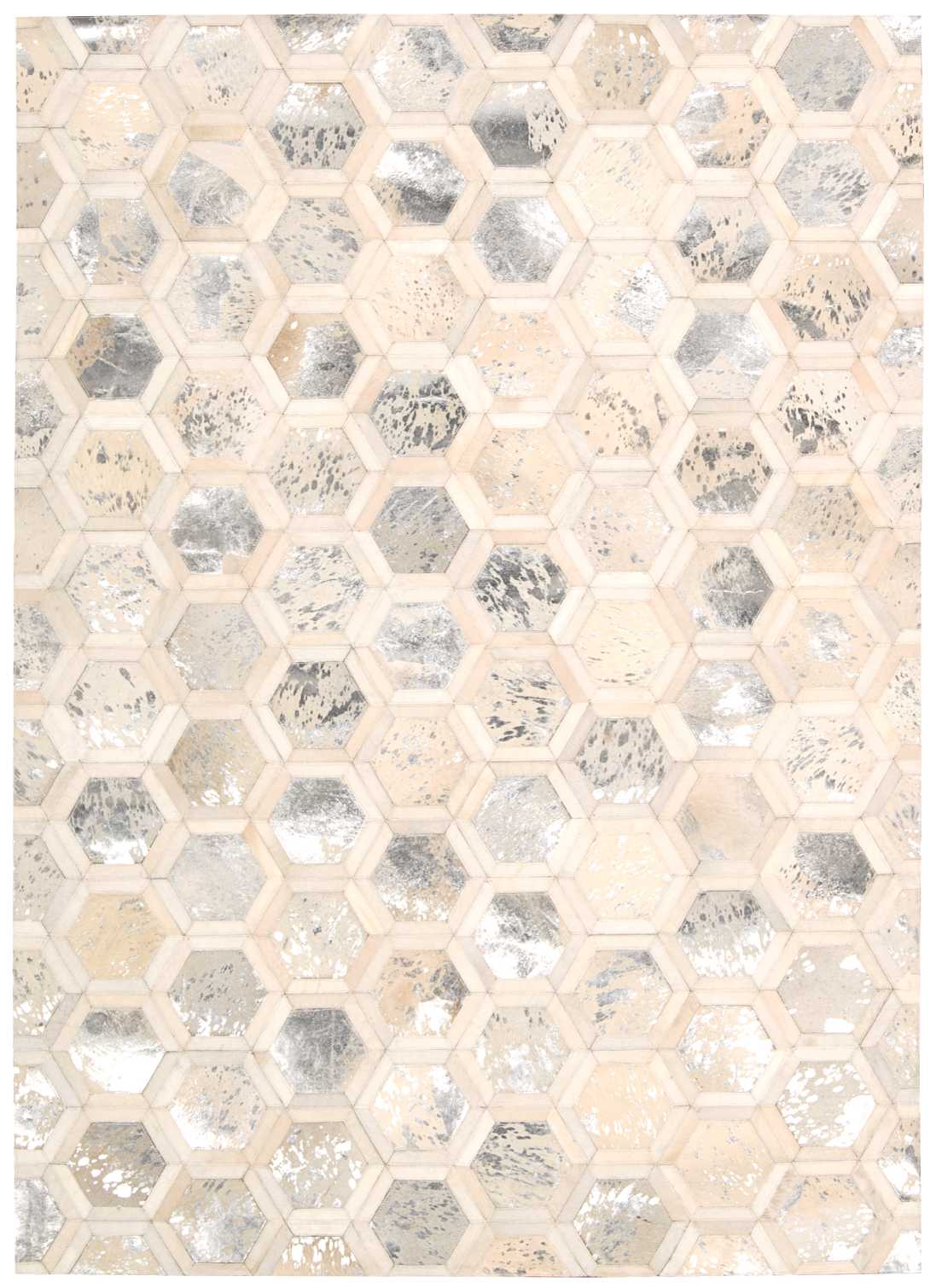 Beige rug with a hexagonal, honeycomb-inspired pattern and gray marbled patches.