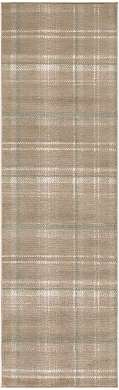 Beige plaid rug runner with white checks, woven fabric, long rectangular hallway rug.