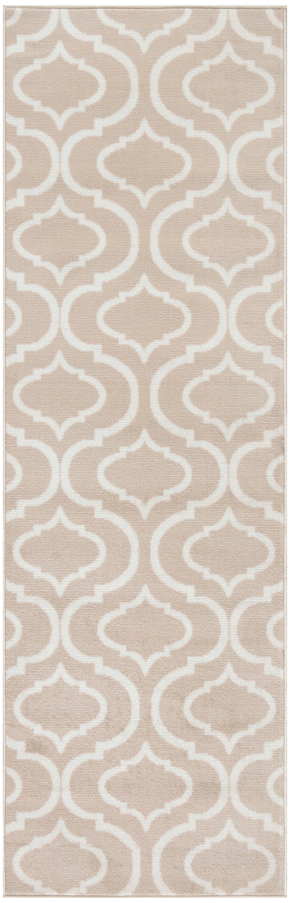 Beige rectangular rug runner with white Moroccan trellis pattern; soft woven texture, ideal for hallways.